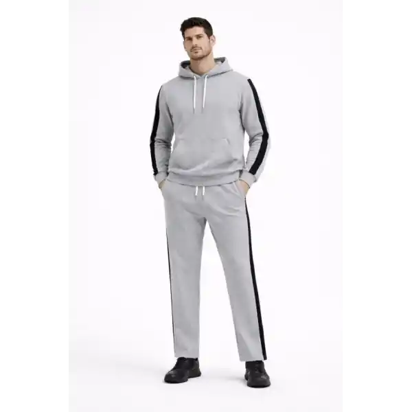 Erkek Şeritli Eşofman Takım Kapüşonlu Sweatshirt Boru Paça Alt, Oversize 3 Iplik Pamuklu - Gri