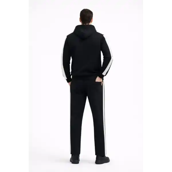Erkek Şeritli Eşofman Takım Kapüşonlu Sweatshirt Boru Paça Alt, Oversize 3 Iplik Pamuklu - Siyah
