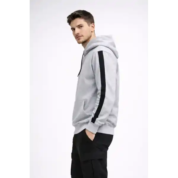 Erkek Şeritli Kapüşonlu Sweatshirt Oversize 3 Iplik Pamuklu - Beyaz