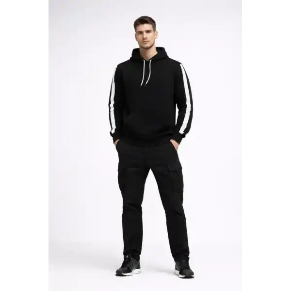 Erkek Şeritli Kapüşonlu Sweatshirt Oversize 3 Iplik Pamuklu - Siyah