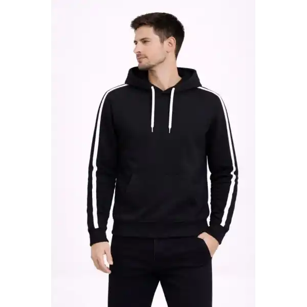 Erkek Şeritli Kapüşonlu Sweatshirt Oversize 3 Iplik Pamuklu - Siyah