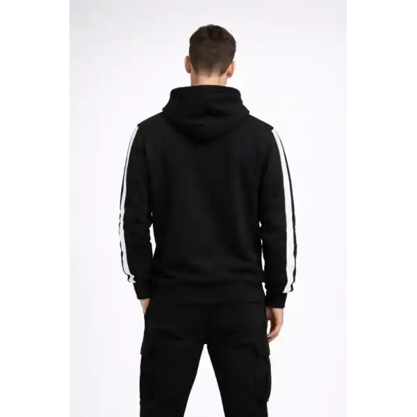 Erkek Şeritli Kapüşonlu Sweatshirt Oversize 3 Iplik Pamuklu - Siyah