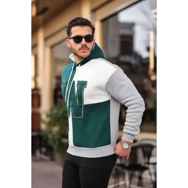 Erkek W Nakış İşlemeli Kapüşonlu Sweatshirt - Yeşil