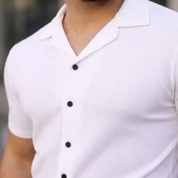 Erkek Waffle Dokuma Açık Yakalı Düğmeli Regular Kalıp 2’li Gömlek Seti - Siyah - Beyaz