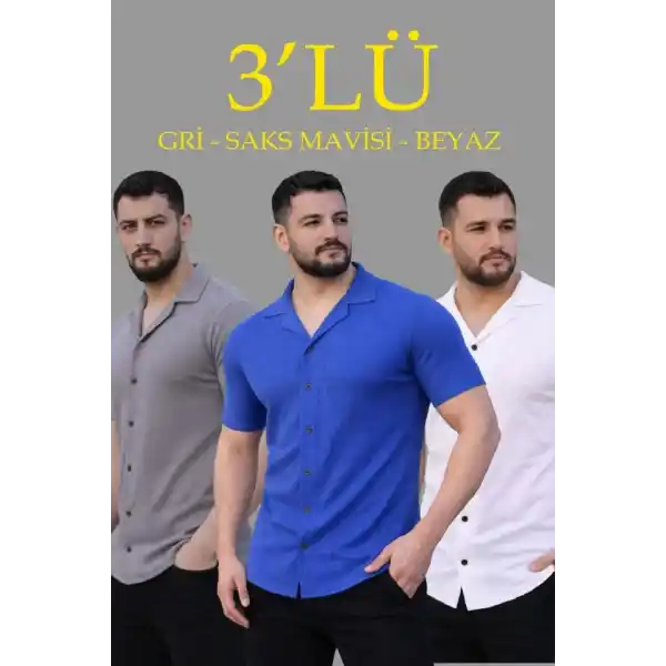Erkek Waffle Dokuma Açık Yakalı Düğmeli Regular Kalıp 3’lü Gömlek Seti - Gri, Saks Mavisi, Beyaz