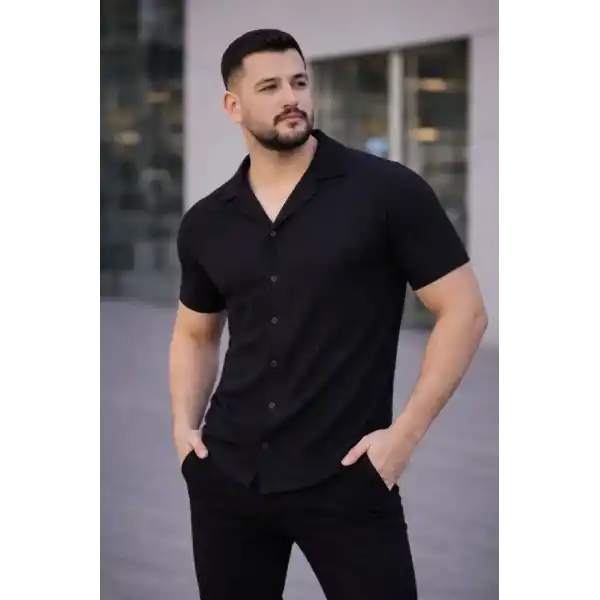 Erkek Waffle Dokuma Açık Yakalı Düğmeli Regular Kalıp 3’lü Gömlek Seti - Siyah, Kırmızı, Beyaz