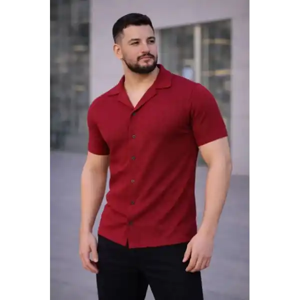 Erkek Waffle Dokuma Açık Yakalı Düğmeli Regular Kalıp 3’lü Gömlek Seti - Siyah, Kırmızı, Beyaz