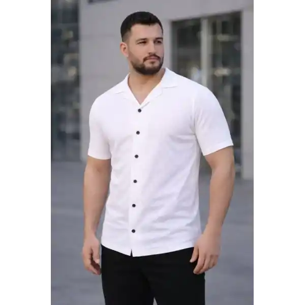 Erkek Waffle Kumaş Kısa Kollu Düğmeli Açık Yaka Regular Fit Gömlek - Beyaz