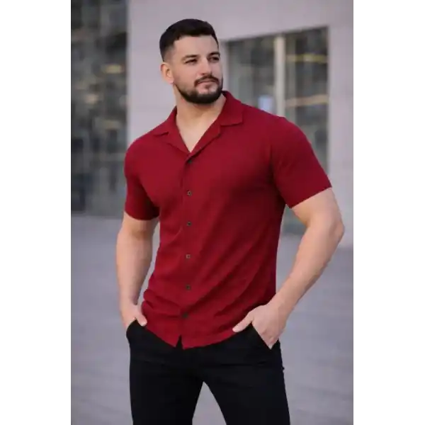 Erkek Waffle Kumaş Kısa Kollu Düğmeli Açık Yaka Regular Fit Gömlek - Kırmızı