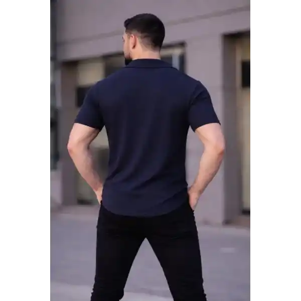 Erkek Waffle Kumaş Kısa Kollu Düğmeli Açık Yaka Regular Fit Gömlek - Lacivert