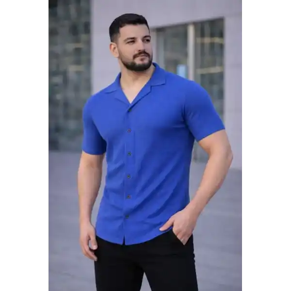 Erkek Waffle Kumaş Kısa Kollu Düğmeli Açık Yaka Regular Fit Gömlek - Saks Mavisi