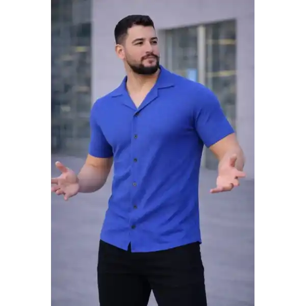 Erkek Waffle Kumaş Kısa Kollu Düğmeli Açık Yaka Regular Fit Gömlek - Saks Mavisi