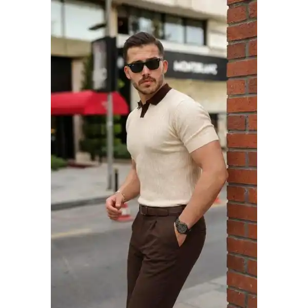 Erkek Yaka Detaylı Desen Dokulu Triko Tişört