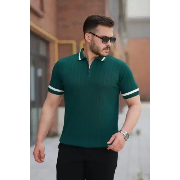 Erkek Yaka Ve Kolları çizgi Detaylı Fermuarlı Kısa Kollu T-shirt