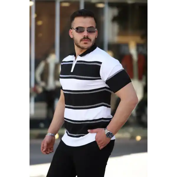 Erkek Yakalı Fermuarlı çift Renk Kısa Kollu T-shirt