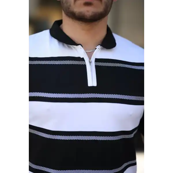 Erkek Yakalı Fermuarlı çift Renk Kısa Kollu T-shirt