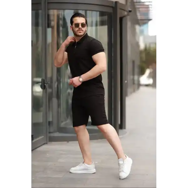 Erkek Yakalı Fermuarlı T-shirt şort Ikili Takım