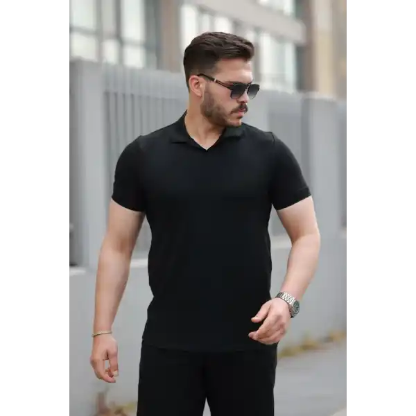 Erkek Yakalı Waffle Dokulu Kısa Kollu Tişört