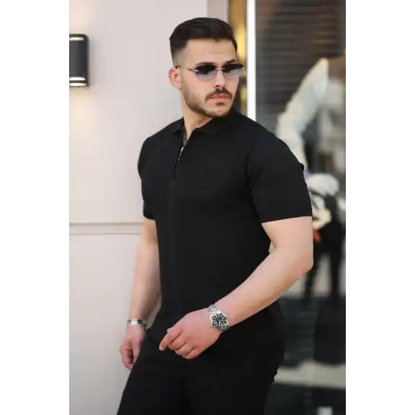Erkek Yakası Fermuarlı Kısa Kollu T-shirt