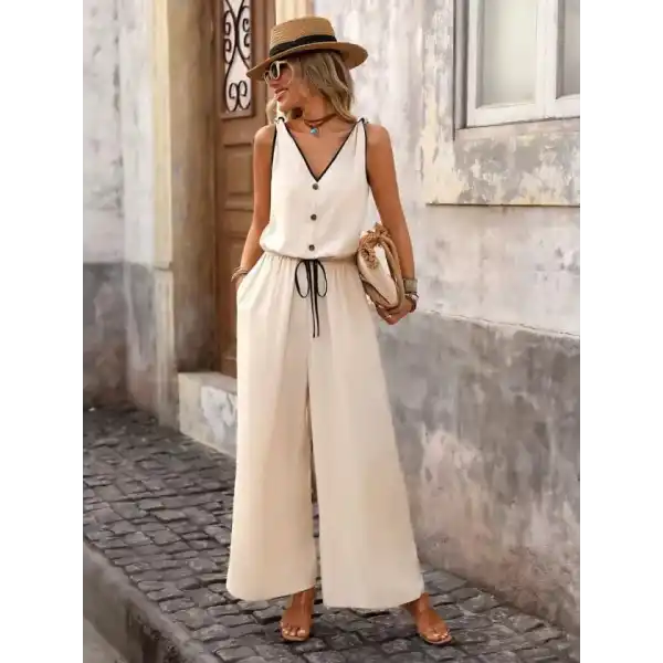 Kadın Askıdan Bağlamalı V Yakalı Belden Süs Bağcıklı Tulum