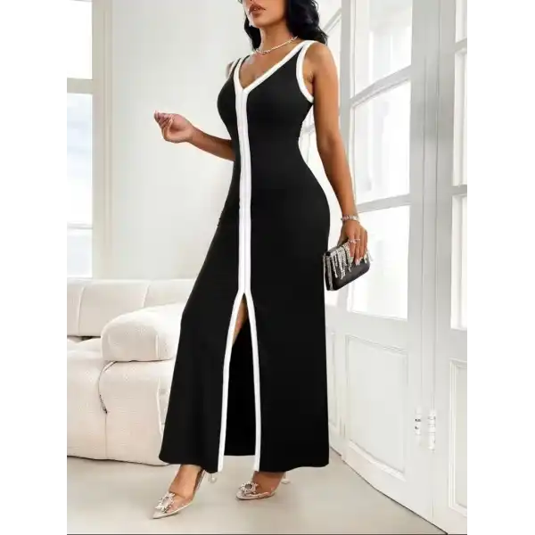 Kadın Askılı Derin V Yakalı Yırtmaç Detaylı Uzun Viskon Elbise