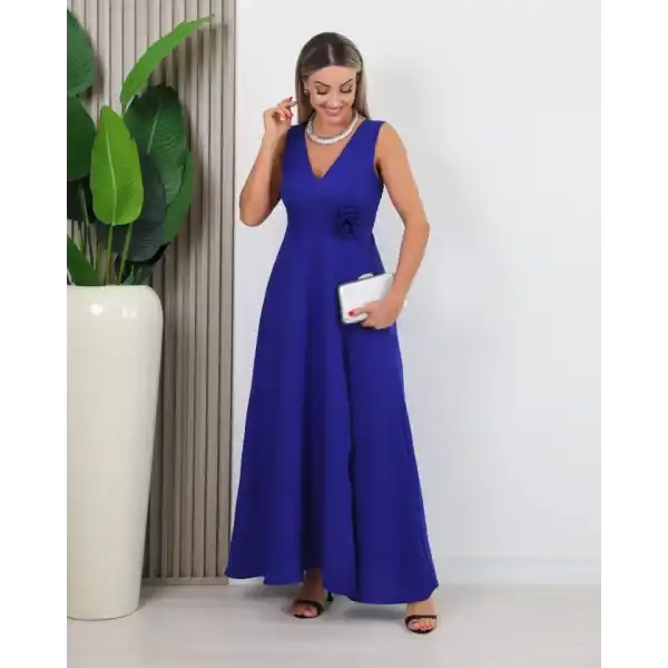 Kadın Askılı Derin V Yakalı Yırtmaçlı Uzun Elbise