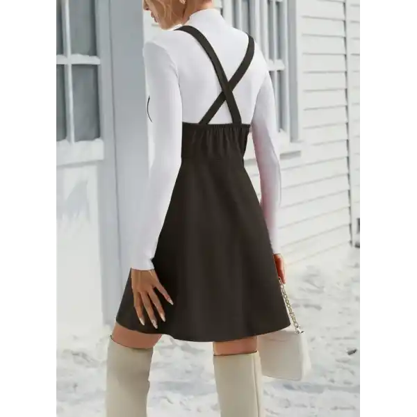 Kadın Askılı Düğmeli Mini Süet Elbise