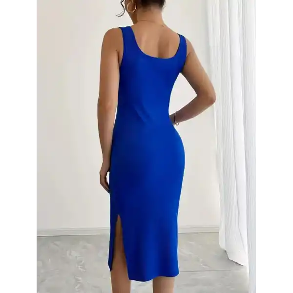Kadın Askılı Kare Yaka Yandan Yırtmaçlı Midi Kaşkorse Elbise