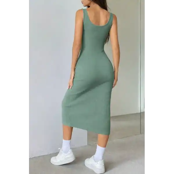 Kadın Askılı Kare Yakalı önden Düğmeli Midi Kaşkorse Elbise