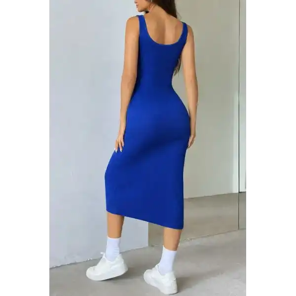 Kadın Askılı Kare Yakalı önden Düğmeli Midi Kaşkorse Elbise