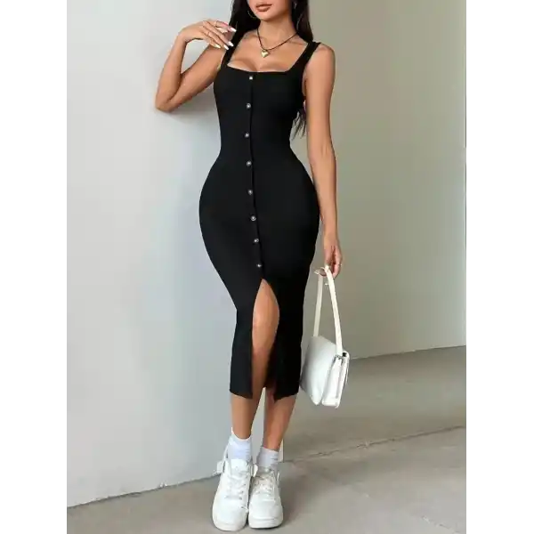 Kadın Askılı Kare Yakalı önden Düğmeli Midi Kaşkorse Elbise