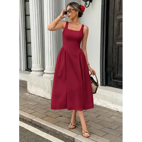 Kadın Askılı Kare Yakalı Uzun Ithal Krep Elbise