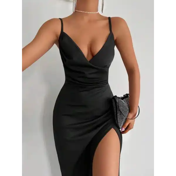 Kadın Askılı Kruvaze Yaka Derin Yırtmaçlı Krep Elbise