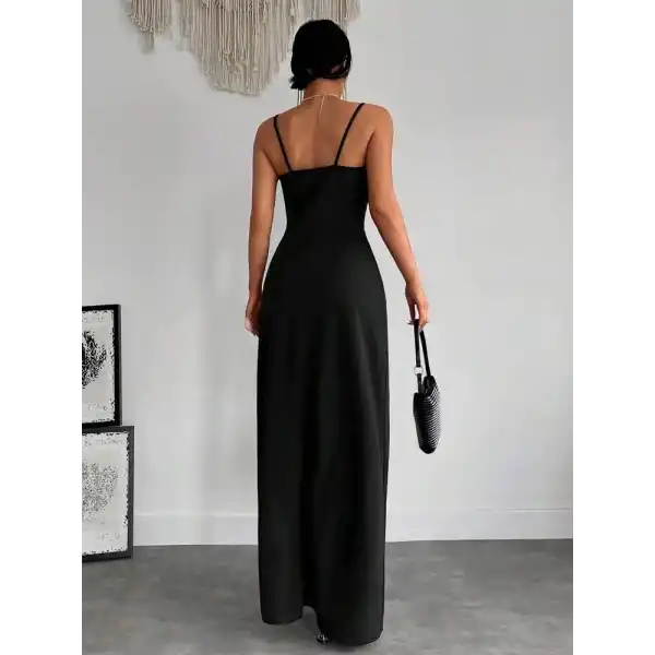 Kadın Askılı Kruvaze Yaka Derin Yırtmaçlı Krep Elbise