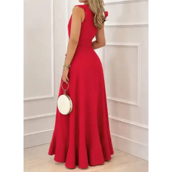 Kadın Askılı Kruvaze Yakalı önü Volanlı Uzun Krep Elbise