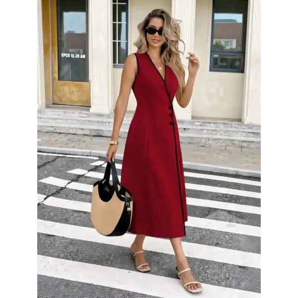 Kadın Askılı Kruvaze Yakalı Yandan Düğmeli Midi Elbise