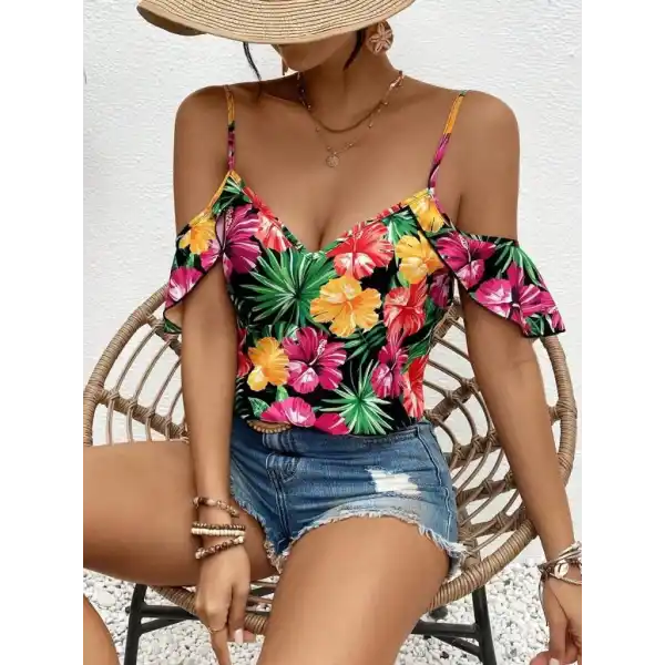 Kadın Askılı Omuzlardan Açık çiçek Baskılı Bluz