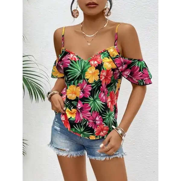 Kadın Askılı Omuzlardan Açık çiçek Baskılı Bluz