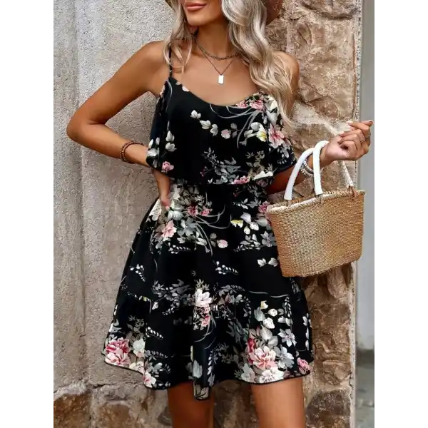 Kadın Askılı V Yakalı çiçek Desenli Mini Süprem Elbise