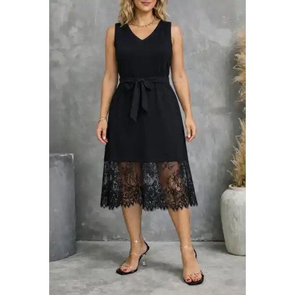 Kadın Askılı V Yakalı Dantelli Midi Viskon Elbise