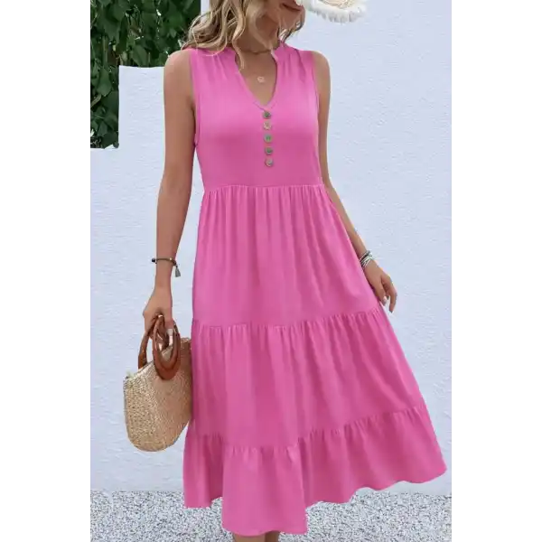 Kadın Askılı V Yakalı önden Düğmeli Midi Viskon Elbise