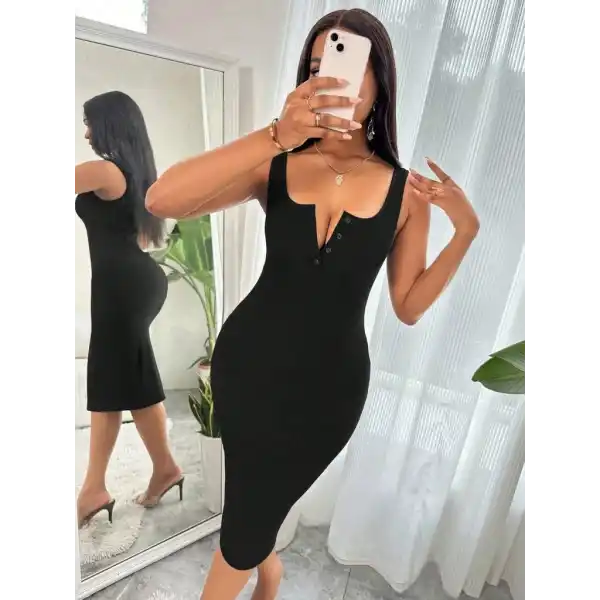 Kadın Askılı Yuvarlak V Yakalı Kaşkorse Midi Elbise