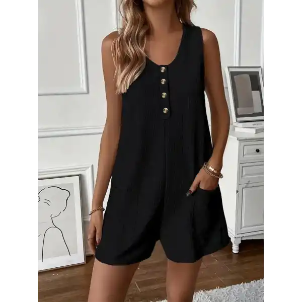 Kadın Askılı Yuvarlak Yaka Düğmeli Waffle Kısa Tulum