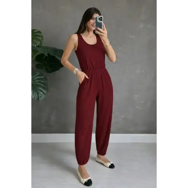 Kadın Askılı Yuvarlak Yakalı Cepli Viskon Tulum