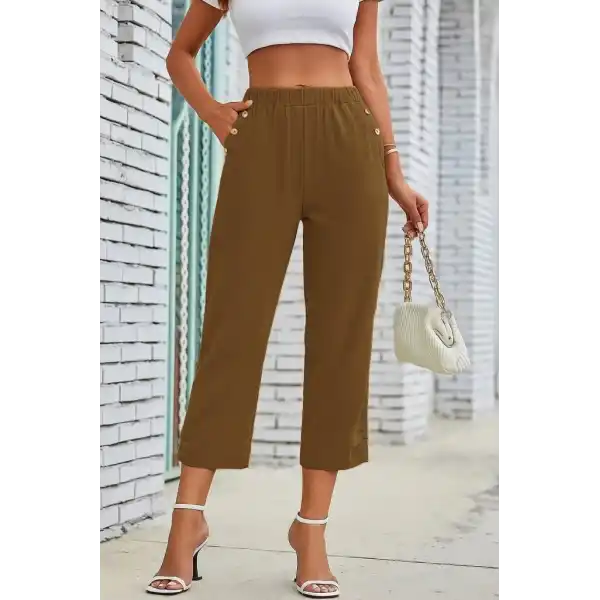 Kadın Beli Lastikli Düğme Ve Cep Detaylı Kapri Ithal Keten Pantolon