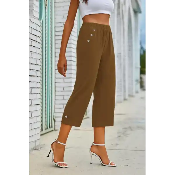 Kadın Beli Lastikli Düğme Ve Cep Detaylı Kapri Ithal Keten Pantolon