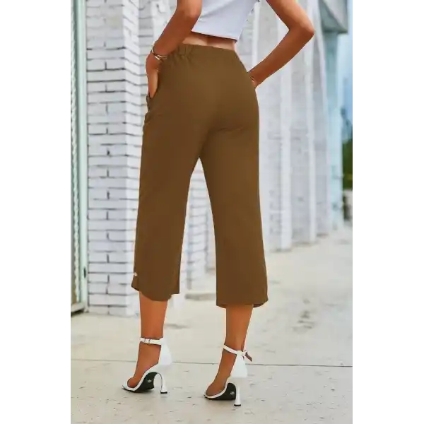 Kadın Beli Lastikli Düğme Ve Cep Detaylı Kapri Ithal Keten Pantolon