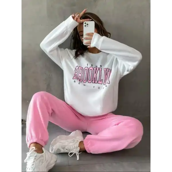 Kadın Bisiklet Yaka Brooklyn Baskılı üç Iplik Kumaş Sweat