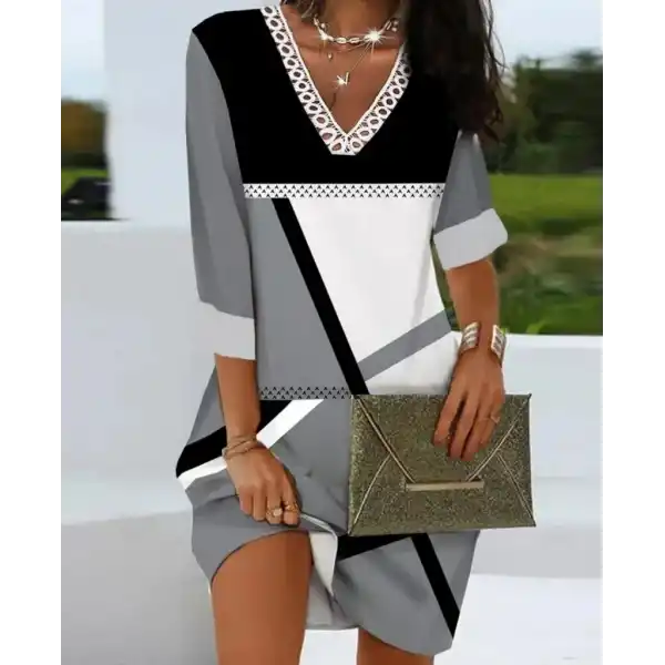 Kadın Fakir Kollu V Dantel Yaka Geometrik Desenli Dalgıç Elbise