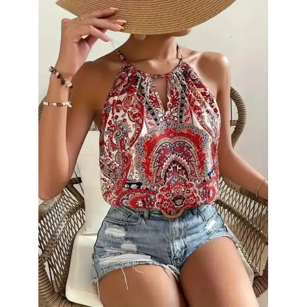 Kadın Halter Kollu Damla Detaylı Desenli Süprem Bluz